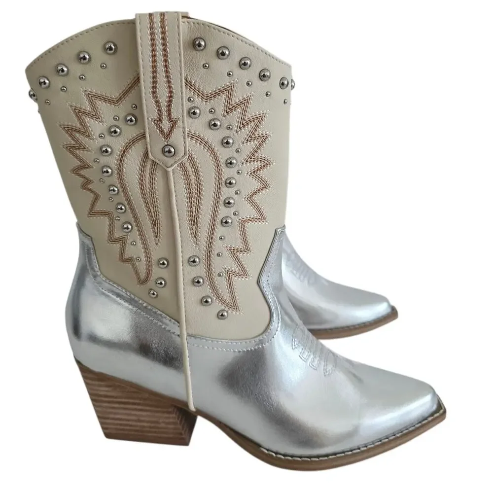 Dolce Vita Silver & Cream Beige Pointy Toe Studded Western Ankle Boots Size 8.5